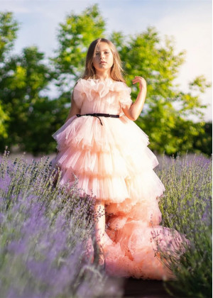 Peach Tulle Tiered High Low Stunning Flower Girl Dress